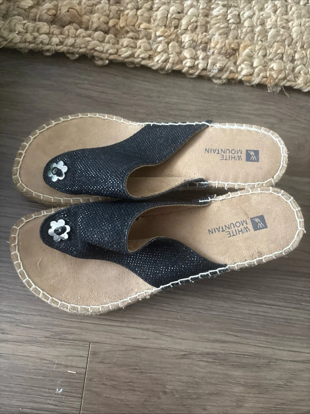 Mountain Lake Black Espadrille Thong Sandals with Flower Accent